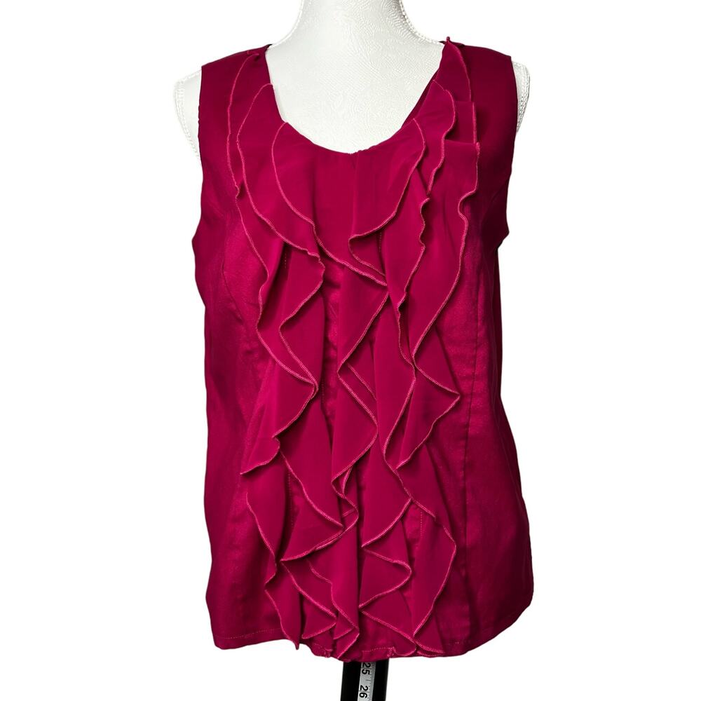 Cato Blouse Womens Fuchsia SZ L Sleeveless, Cascading Ruffle Front, Fully Lined